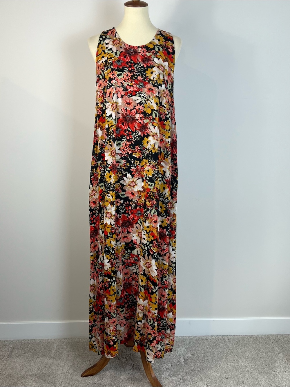 Natural Life Bold Floral Print Earthy Free Spirited Sleeveless Maxi Dress L XL